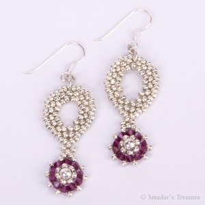 Sterling Silver Earrings with Fuchsia Swarovski Crystals and Silver Paisley Shaped Seed beads. Sparkling Silver and Fuchsia Earrings S73