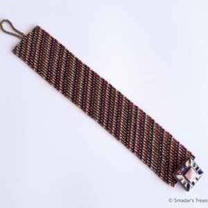 Beaded Bracelet with Colorful Enamel Button Clasp in Peach, Bronze, Ink Blue and Red. Wide Diagonal Multicolor Beadwoven Cuff Bracelet S-498 image 9