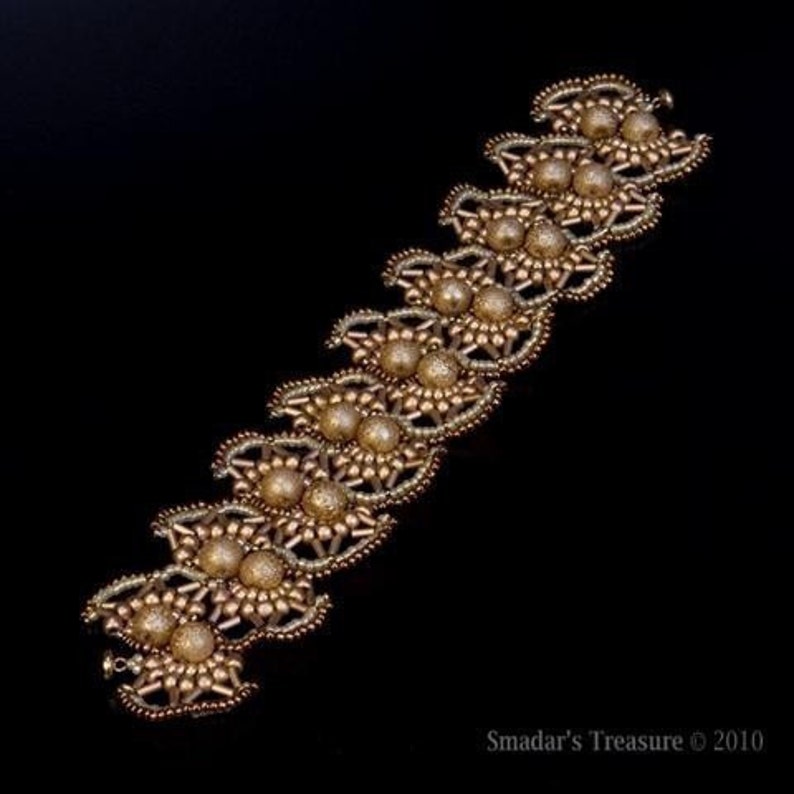 Bracelet Beading Tutorial, Oriental Lace. Beading Pattern with Bugle and Pearl Beads. Beadweaving Instructions. Beadwork. Off Loom Pattern image 2