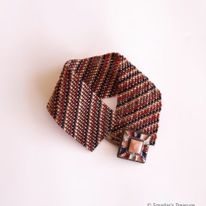 Beaded Bracelet with Colorful Enamel Button Clasp in Peach, Bronze, Ink Blue and Red. Wide Diagonal Multicolor Beadwoven Cuff Bracelet S-498 imagem 6