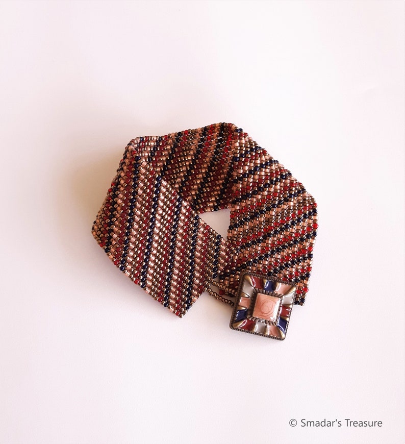 Beaded Bracelet with Colorful Enamel Button Clasp in Peach, Bronze, Ink Blue and Red. Wide Diagonal Multicolor Beadwoven Cuff Bracelet S-498 image 6