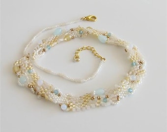 Coastal Inspired Beaded Necklace with Crystals and Faceted Beads in Cream, Bronze and Teal. OOAK Free Form Textured Bib Style Necklace S-258