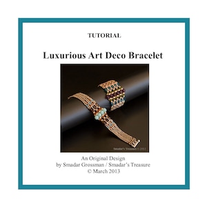 May include: Two beaded bracelets with an Art Deco design. The bracelets are made with gold, green, blue, and brown beads. The bracelets are on a black surface. The image includes the text "Luxurious Art Deco Bracelet" and "An Original Design by Smadar Grossman / Smadar's Treasure © March 2013".