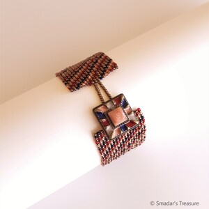 Beaded Bracelet with Colorful Enamel Button Clasp in Peach, Bronze, Ink Blue and Red. Wide Diagonal Multicolor Beadwoven Cuff Bracelet S-498 imagem 10