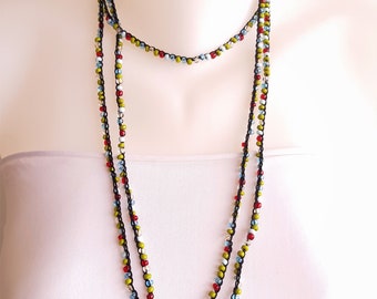 2 in 1 Multi Strand Necklace or Wrap Bracelet. Colorful Layered Necklace or Wide Bracelet. Multi Color, Beaded Black Crocheted Chain S-488