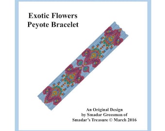 Peyote Bracelet Beading Pattern, 3 Drop Odd Count Peyote Stitch / Exotic Flowers Bracelet / Off Loom Beadwork Beadweaving Bracelet Pattern