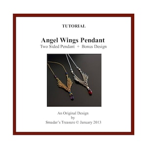 May include: A tutorial for making a two-sided angel wings pendant using beads. The image shows two necklaces, one with gold beads and one with silver beads, both with a red gemstone at the bottom.