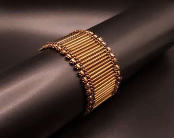 Bronze Beaded Bracelet with Bright Long Beads and Semi-Matte Bronze Iris Beaded Edge. Wide Cuff Bracelet with Bronze Ornate Box Clasp S-435