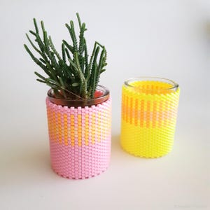 Pode incluir: Dois recipientes de vidro com capas de contas. O recipiente à esquerda é rosa com listras laranja e contém uma pequena planta verde. O recipiente à direita é amarelo com listras laranja.