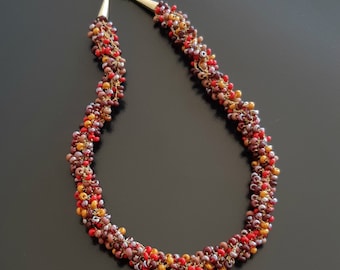 Variable Multi Strand Crocheted Necklace with Beads in Various Shades of Red, Brown, Mustard and Gold. Twisted Beaded Rope Necklace S347