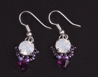 Sterling Silver Beaded Earrings with Swarovski Crystals in White Opal and Amethyst Purple. Dangling Triangle Shaped Crystal Earrings S215