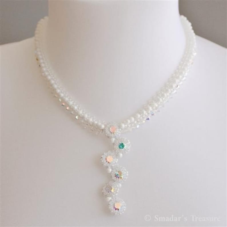 Bridal or Evening White Necklace with Swarovski Crystal Beads and Beaded Stones Pendant. Sparkling Wedding Necklace S263 image 2