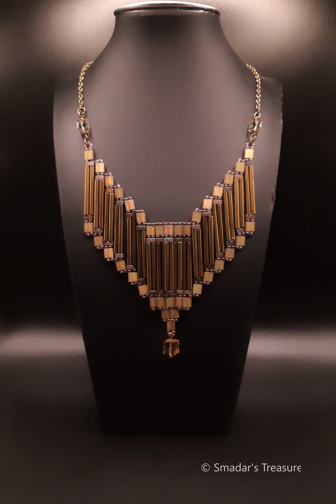 Bronze V Shaped Pendant Necklace With Swarovski Crystals Cube Etsy