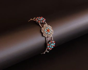 Black Leather Bracelet Antique Silver Setting with Turquoise and Red Stones and Bead Woven Flower. Narrow Bracelet with Beaded Charms S-362