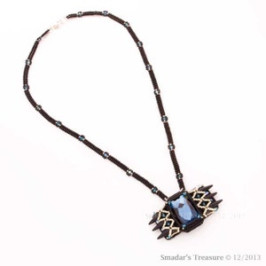 Black Beaded Necklace with Pendant of Blue Rectangle Swarovski Crystal Stone, Black Spikes, Silver and Crystal Beads Embellishment. S183 image 1