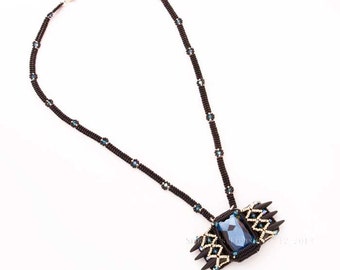 Black Beaded Necklace with Pendant of Blue Rectangle Swarovski Crystal Stone, Black Spikes, Silver and Crystal Beads Embellishment. S183