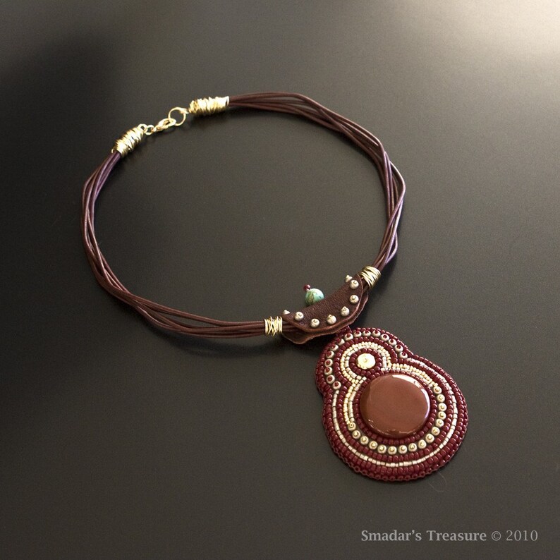 Brown Leather Necklace With Embroidered Carnelian Pendant With Etsy