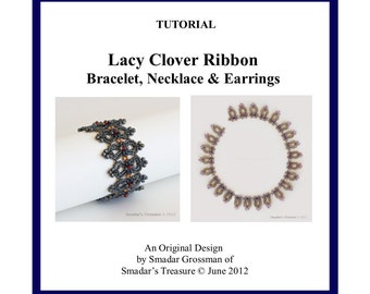 Beading Tutorial, Lacy Clover Ribbon Bracelet, Necklace, Earrings. Pattern with Twin SuperDuo and Drop Beads. Jewelry Pattern Beadweaving