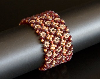 Geometric Beaded Bracelet in Dark Red, Burnt Orange, Topaz and Beige. Textured Beadwoven Bracelet with Beaded Clasp  S-264