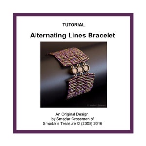 May include: A tutorial for making a beaded bracelet with alternating lines of purple and gold beads. The bracelet is made with small seed beads and features a decorative clasp with three round stones.