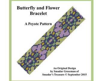 Peyote Bracelet Beading Pattern, 3 Drop Odd Count Peyote Stitch / Butterfly and Flower / Bracelet Beadweaving Pattern. Instant Download PDF