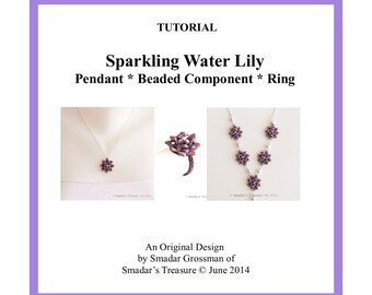 Beading Tutorial, Sparkling Water Lily Pendant, Ring, Beaded Connector. Pattern with 2 Hole CzechMate Triangle Beads. Jewelry Making Pattern