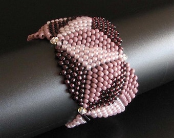 Geometric Amethyst Purple and Lavender Beaded Cuff Bracelet with Clear AB Swarovski Crystals. Triangle Tri Color Beadwoven Bracelet S261
