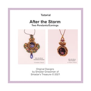 Może przedstawiać: Dwa koralikowe wisiorki, jeden z fioletowym kamieniem, a drugi z czerwonym kamieniem, oba z złotymi akcentami. Wisiorki są oznaczone jako "After the Storm Embellished Pendant" i "After the Storm Basic Pendant".