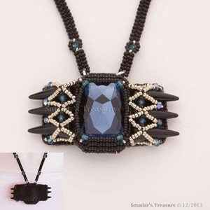 Black Beaded Necklace with Pendant of Blue Rectangle Swarovski Crystal Stone, Black Spikes, Silver and Crystal Beads Embellishment. S183 image 3