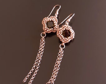 Rose Gold and Olive Green Diamond-Shape Earrings with Chain Tassel. Dangling Beaded Earrings Olivine Crystal and Metal Tassel on Hook S-371