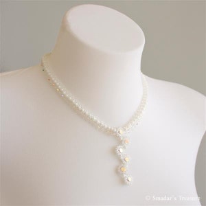 Bridal or Evening White Necklace with Swarovski Crystal Beads and Beaded Stones Pendant. Sparkling Wedding Necklace S263 image 3