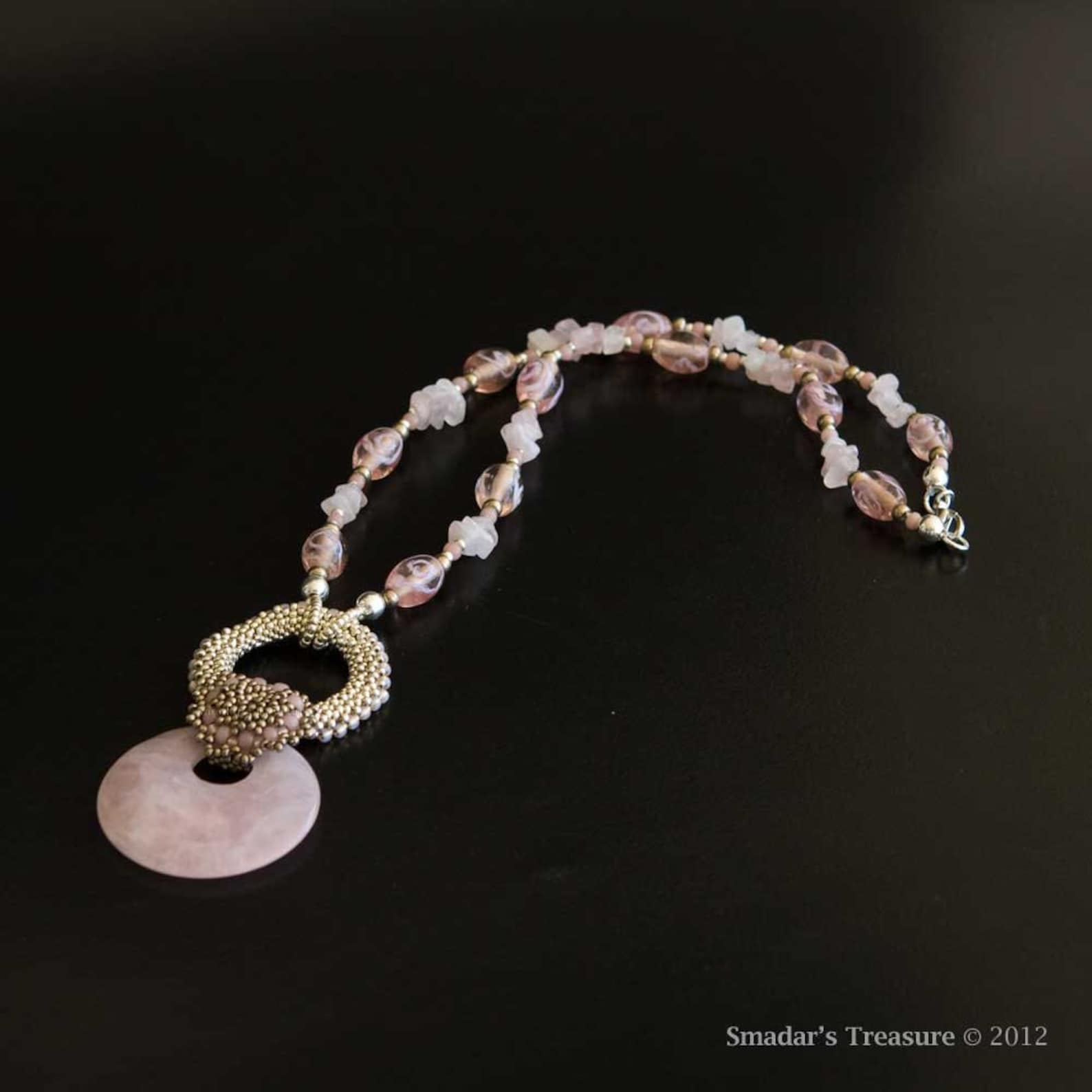 Beaded Necklace, Rose Quartz Pendant With Two Shades of Silver