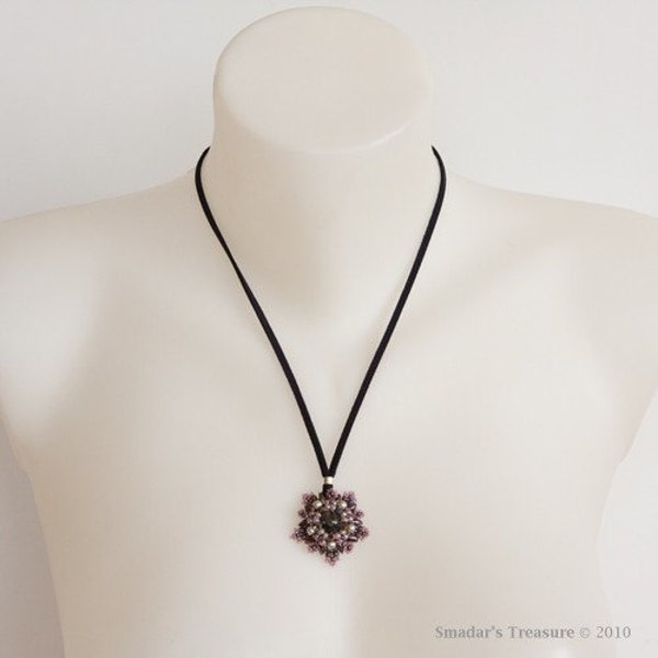 Dark Blue Cord Necklace, Pendant of Swarovski Crystals and Pearls, in Shades of Smoky Purple and Grey. 3D Flower Shaped Crystal Pendant S-74