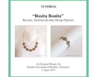 Kralenhandleiding, Rosita Bonita-ketting en -armband. Patroon met tweegaats Superduo-kralen en rocailles. PDF-bestand sieraadpatroon downloaden