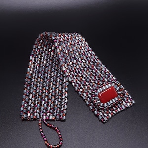 Sparkling Bracelet in Ruby Red AB, Light Blue Siverlined, Dark Metallic Blue, w Rectangular Button and Loop Clasp. Colorful Bracelet S-431