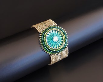 Gold Bracelet with Emerald Green, Teal Star Focal. Sparkling Gold Bracelet for Women. Beaded Bracelet with Embroidered Round Cabochon S-491