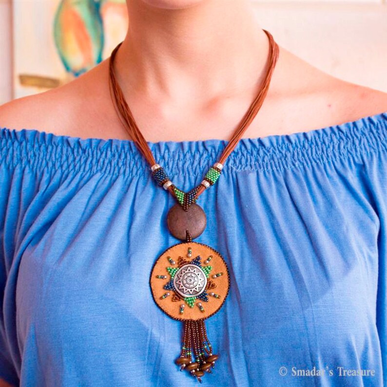 Multi Cord Necklace with Bead Embroidered Pendant in Brown Etsy