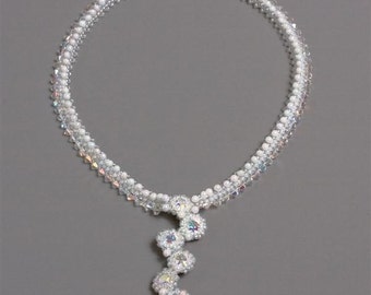 Bridal or Evening White Necklace with Swarovski Crystal Beads and Beaded Stones Pendant. Sparkling Wedding Necklace S263