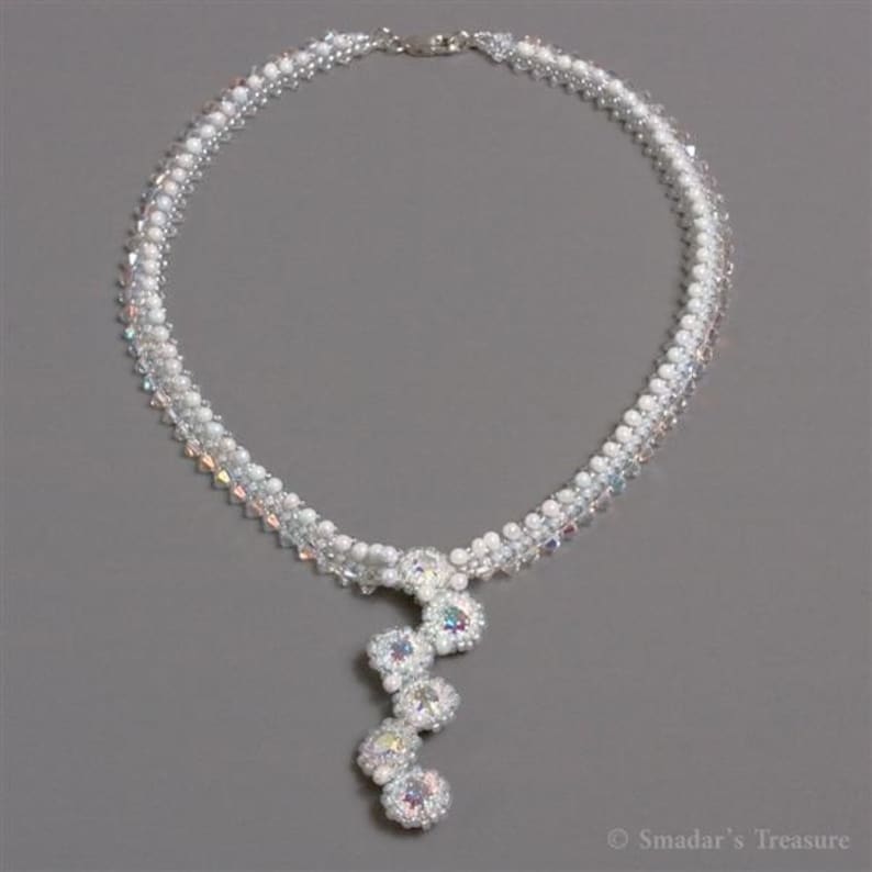 Bridal or Evening White Necklace with Swarovski Crystal Beads and Beaded Stones Pendant. Sparkling Wedding Necklace S263 image 1