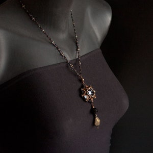 Black and Bronze Necklace with Beaded Star Pendant of Swarovski Crystal Cabochon, Brass and Black Facet Beads. Gothic Style Necklace S84