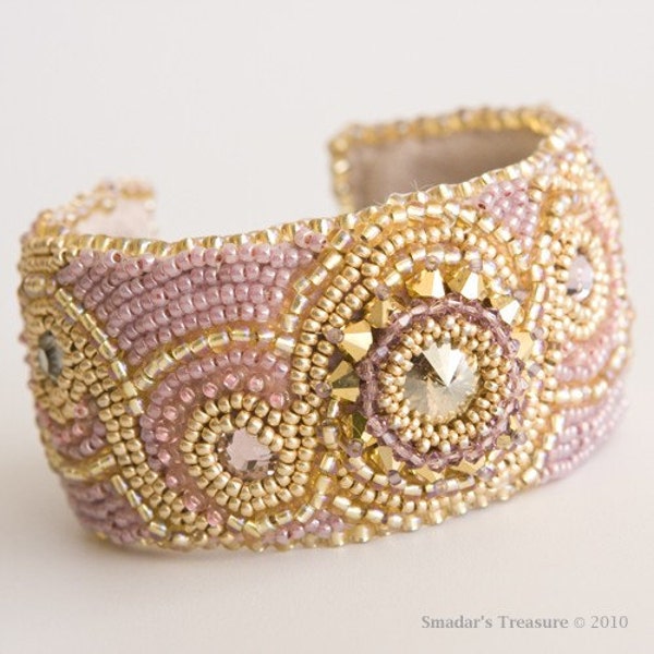 ON SALE Beaded Cuff Bracelet in Gold and Pink Crystals