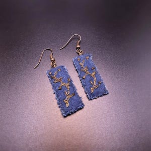 Dangling Rectangular Denim Earrings with Embroidered Bronze Botanical Branches. Antiqued Bronze Jean Earrings with Embroidery Leaves S-446