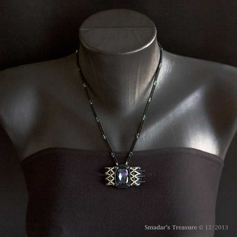 Black Beaded Necklace with Pendant of Blue Rectangle Swarovski Crystal Stone, Black Spikes, Silver and Crystal Beads Embellishment. S183 image 4