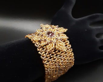 Bracelet with Flower Focal with Swarovski Crystal in Amethyst Purple, Gold and Topaz Shades and Ornamented Box Clasp. Beadwoven Cuff S-457