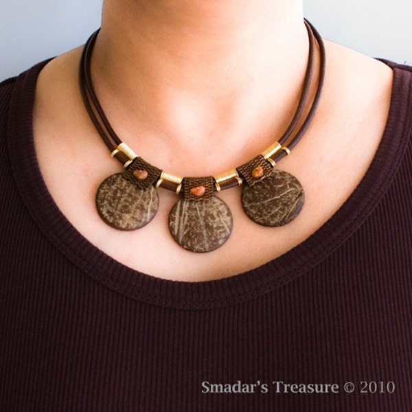 Double Cord Brown Leather Necklace with Natural Nut, Coral Red Beads, Bronze Beaded Bails and Gold Wire Connectors. Mixed Media. S-200