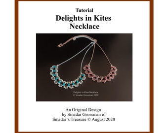 Beading Tutorial. Delights in Kites Necklace, Bib Style / Full Neckline.  Beading Pattern with 2-Hole Kite Beads, Crystals and Seed Beads