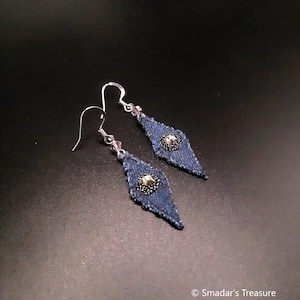 Diamond Shape Denim Earrings with Black Diamond Crystal Stone Embroidered with Metallic Thread.  Embroidered Repurpose Jeans Earrings S-449