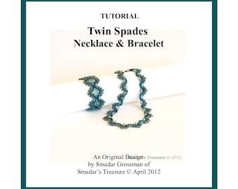 Beading Tutorial, Twin Spades Necklace and Bracelet. Beading Pattern with SuperDuo Beads and Pearls. Beadweaving Pattern by Smadar Grossman