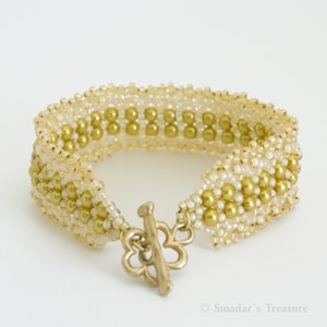 Beaded Bracelet with Gold Glass Pearls and Cream Beads with Semi Matte Gold Plated Flower Shaped Clasp. S112