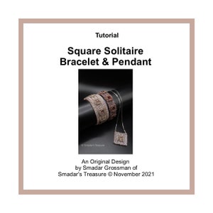 May include: Tutorial for making a square solitaire bracelet and pendant. The image shows a silver bracelet and pendant with a square design. The bracelet is made of small beads and the pendant is a square with a small square in the center.